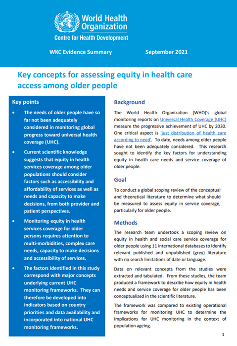 Key concepts for assessing equity in health care 
access among older people