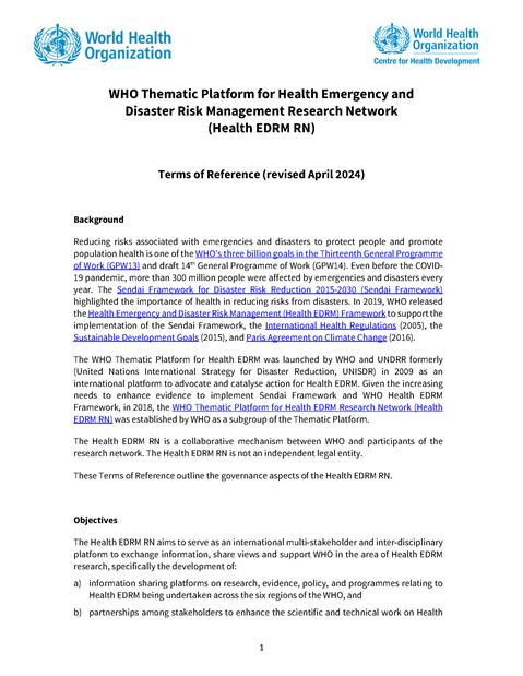 WHO Thematic Platform for Health EDRM Research Network Terms of reference (As of April 2024)